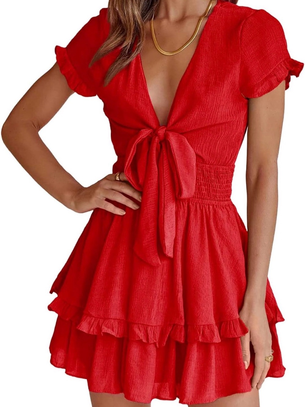 Amazon Red Tie-Front Ruffled Mini Dress